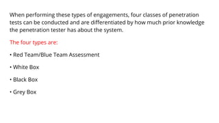 When performing these types of engagements, four classes of penetration
tests can be conducted and are differentiated by how much prior knowledge
the penetration tester has about the system.
The four types are:
• Red Team/Blue Team Assessment
• White Box
• Black Box
• Grey Box
 