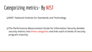 Categorizing metrics- By NIST
❏NIST- National Institute for Standards and Technology
❏The Performance Measurement Guide for Information Security divided
security metrics into three categories and links each to levels of security
program maturity.
 