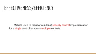 EFFECTIVENESS/EFFICIENCY
Metrics used to monitor results of security control implementation
for a single control or across multiple controls.
 