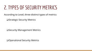 2. TYPES OF SECURITY METRICS
According to Level, three distinct types of metrics
❏Strategic Security Metrics
❏Security Management Metrics
❏Operational Security Metrics
 