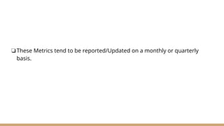 ❏These Metrics tend to be reported/Updated on a monthly or quarterly
basis.
 