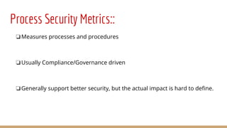 Process Security Metrics::
❏Measures processes and procedures
❏Usually Compliance/Governance driven
❏Generally support better security, but the actual impact is hard to define.
 