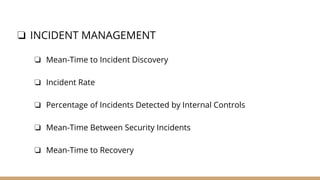❏ INCIDENT MANAGEMENT
❏ Mean-Time to Incident Discovery
❏ Incident Rate
❏ Percentage of Incidents Detected by Internal Controls
❏ Mean-Time Between Security Incidents
❏ Mean-Time to Recovery
 