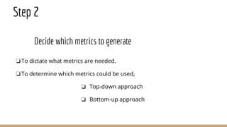 Step 2
Decide which metrics to generate
❏To dictate what metrics are needed.
❏To determine which metrics could be used,
❏ Top-down approach
❏ Bottom-up approach
 