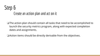 Step 6
Create an action plan and act on it
❏The action plan should contain all tasks that need to be accomplished to
launch the security metrics program, along with expected completion
dates and assignments.
❏Action items should be directly derivable from the objectives.
 