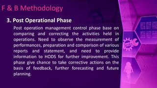 F & B Methodology
3. Post Operational Phase
Post operation management control phase base on
comparing and correcting the activities held in
operations. Need to observe the measurement of
performances, preparation and comparison of various
reports and statement, and need to provide
information to HODS for further improvement. This
phase give chance to take corrective actions on the
basis of feedback, further forecasting and future
planning.
 