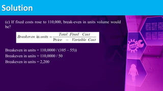 (c) If fixed costs rose to 110,000, break-even in units volume would
be?
Breakeven in units = 110,0000 / (105 – 55))
Breakeven in units = 110,0000 / 50
Breakeven in units = 2,200
Solution
 
