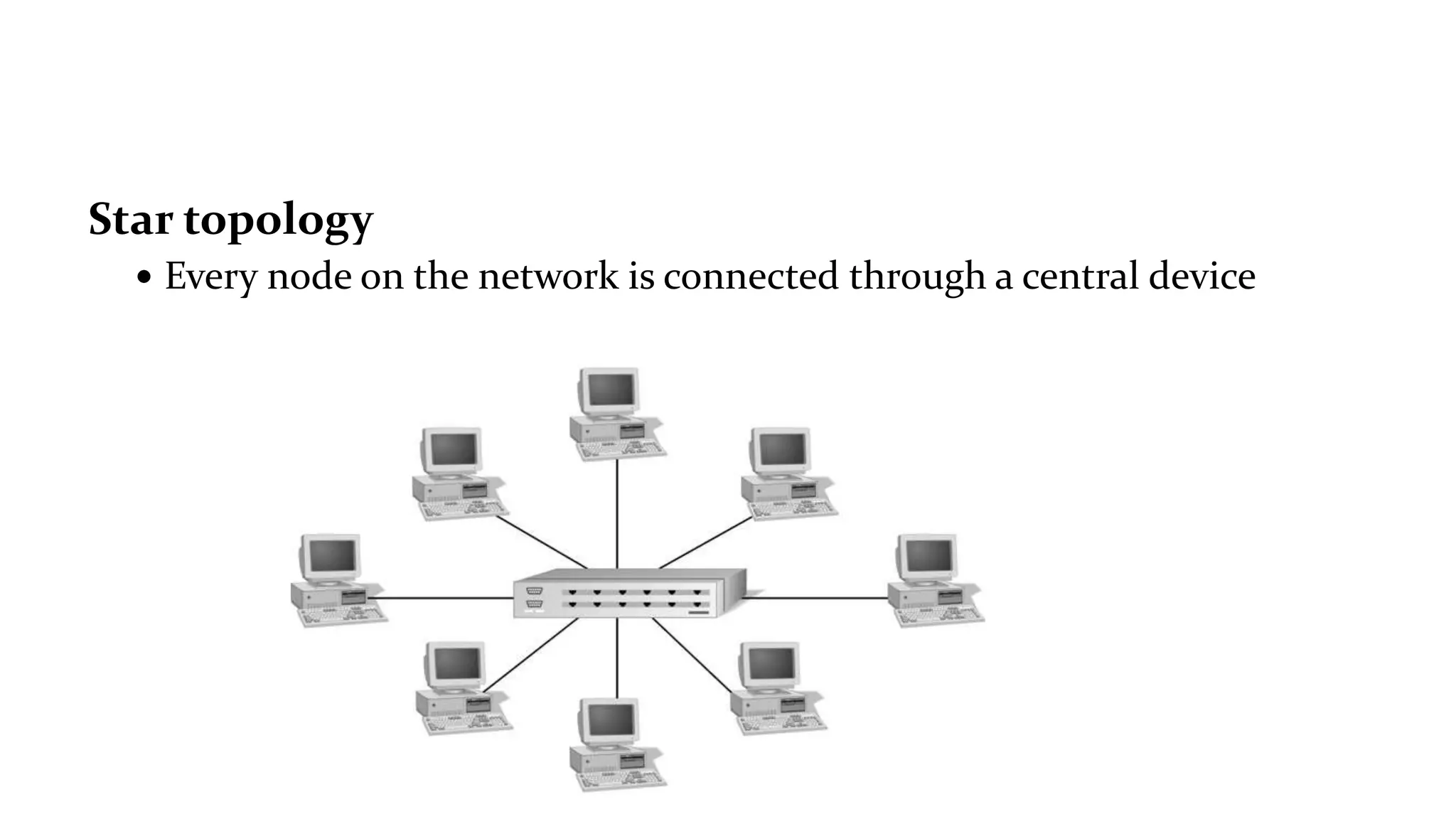 Star topology
 Every node on the network is connected through a central device
 