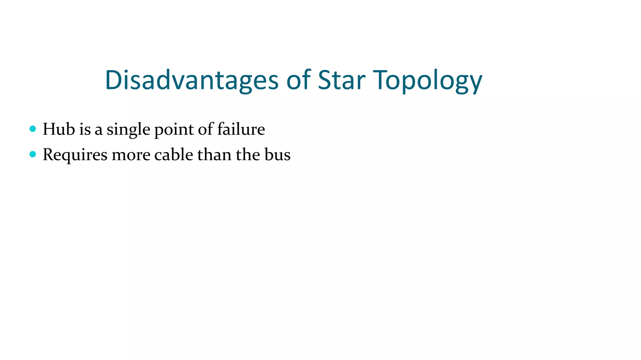Disadvantages of Star Topology
 Hub is a single point of failure
 Requires more cable than the bus
 