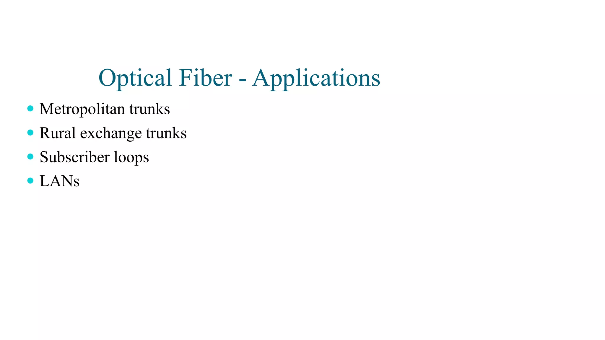 Optical Fiber - Applications
 Metropolitan trunks
 Rural exchange trunks
 Subscriber loops
 LANs
 