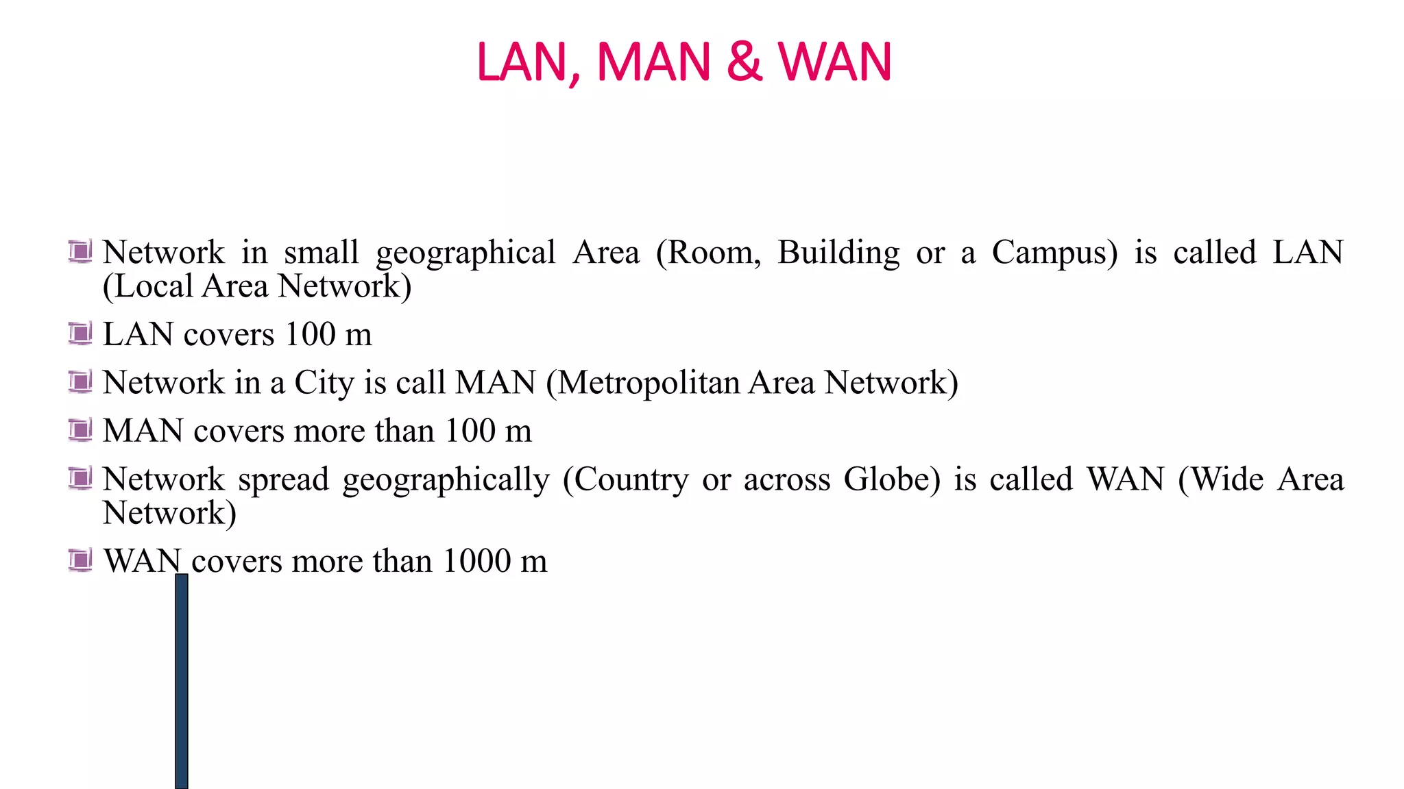 LAN, MAN & WAN
Network in small geographical Area (Room, Building or a Campus) is called LAN
(Local Area Network)
LAN covers 100 m
Network in a City is call MAN (Metropolitan Area Network)
MAN covers more than 100 m
Network spread geographically (Country or across Globe) is called WAN (Wide Area
Network)
WAN covers more than 1000 m
 