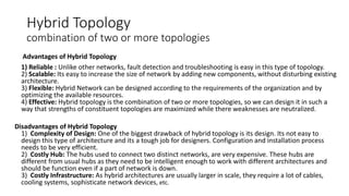 Hybrid Topology
combination of two or more topologies
Advantages of Hybrid Topology
1) Reliable : Unlike other networks, fault detection and troubleshooting is easy in this type of topology.
2) Scalable: Its easy to increase the size of network by adding new components, without disturbing existing
architecture.
3) Flexible: Hybrid Network can be designed according to the requirements of the organization and by
optimizing the available resources.
4) Effective: Hybrid topology is the combination of two or more topologies, so we can design it in such a
way that strengths of constituent topologies are maximized while there weaknesses are neutralized.
Disadvantages of Hybrid Topology
1) Complexity of Design: One of the biggest drawback of hybrid topology is its design. Its not easy to
design this type of architecture and its a tough job for designers. Configuration and installation process
needs to be very efficient.
2) Costly Hub: The hubs used to connect two distinct networks, are very expensive. These hubs are
different from usual hubs as they need to be intelligent enough to work with different architectures and
should be function even if a part of network is down.
3) Costly Infrastructure: As hybrid architectures are usually larger in scale, they require a lot of cables,
cooling systems, sophisticate network devices, etc.
 