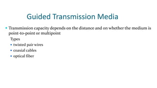 Guided Transmission Media
 Transmission capacity depends on the distance and on whether the medium is
point-to-point or multipoint
Types
 twisted pair wires
 coaxial cables
 optical fiber
 