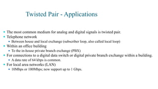 Twisted Pair - Applications
 The most common medium for analog and digital signals is twisted pair.
 Telephone network
 Between house and local exchange (subscriber loop, also called local loop)
 Within an office building
 To the in-house private branch exchange (PBX)
 For connections to a digital data switch or digital private branch exchange within a building.
 A data rate of 64 kbps is common.
 For local area networks (LAN)
 10Mbps or 100Mbps; now support up to 1 Gbps.
 