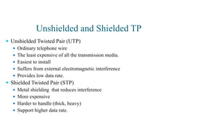 Unshielded and Shielded TP
 Unshielded Twisted Pair (UTP)
 Ordinary telephone wire
 The least expensive of all the transmission media.
 Easiest to install
 Suffers from external electromagnetic interference
 Provides low data rate.
 Shielded Twisted Pair (STP)
 Metal shielding that reduces interference
 More expensive
 Harder to handle (thick, heavy)
 Support higher data rate.
 