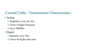Coaxial Cable - Transmission Characteristics
 Analog
 Amplifiers every few km
 Closer if higher frequency
 Up to 500MHz
 Digital
 Repeater every 1km
 Closer for higher data rates
 