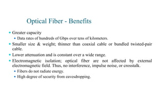 Optical Fiber - Benefits
 Greater capacity
 Data rates of hundreds of Gbps over tens of kilometers.
 Smaller size & weight; thinner than coaxial cable or bundled twisted-pair
cable.
 Lower attenuation and is constant over a wide range.
 Electromagnetic isolation; optical fiber are not affected by external
electromagnetic field. Thus, no interference, impulse noise, or crosstalk.
 Fibers do not radiate energy.
 High degree of security from eavesdropping.
 