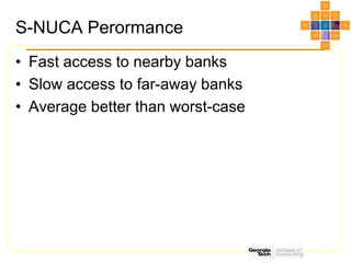 S-NUCA Perormance
• Fast access to nearby banks
• Slow access to far-away banks
• Average better than worst-case
 