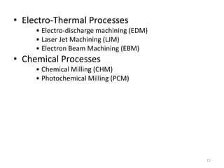 • Electro-Thermal Processes
• Electro-discharge machining (EDM)
• Laser Jet Machining (LJM)
• Electron Beam Machining (EBM)
• Chemical Processes
• Chemical Milling (CHM)
• Photochemical Milling (PCM)
15
 