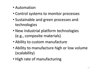 • Automation
• Control systems to monitor processes
• Sustainable and green processes and
technologies
• New industrial platform technologies
(e.g., composite materials)
• Ability to custom manufacture
• Ability to manufacture high or low volume
(scalability)
• High rate of manufacturing
19
 