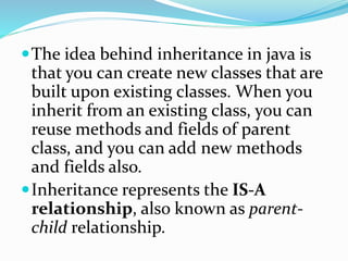 Why use inheritance in java
 For Method Overriding (so runtime
polymorphism can be achieved).
 For Code Reusability.
 