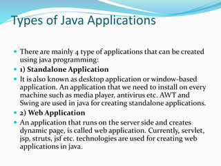 Types of Java Applications
 There are mainly 4 type of applications that can be created
using java programming:
 1) Stan...