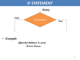 46
IF STATEMENT
Entry
False
True
• Example
if(pocket balance is zero)
Borrow Money;
Test Condition
 
