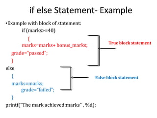 if else Statement- Example
▪Example with block of statement:
if (marks>=40)
{
marks=marks+ bonus_marks;
grade=“passed”;
}
else
{
marks=marks;
grade=“failed”;
}
printf(“The mark achieved:marks” , %d);
True block statement
False block statement
 