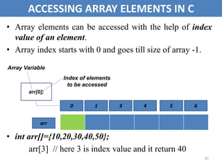 82
ACCESSING ARRAY ELEMENTS IN C
• Array elements can be accessed with the help of index
value of an element.
• Array index starts with 0 and goes till size of array -1.
• int arr[]={10,20,30,40,50};
arr[3] // here 3 is index value and it return 40
0 1 3 4 5 6
arr
arr[0];
Array Variable
Index of elements
to be accessed
 