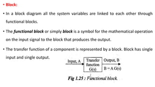 • Block:
• In a block diagram all the system variables are linked to each other through
functional blocks.
• The functional block or simply block is a symbol for the mathematical operation
on the input signal to the block that produces the output.
• The transfer function of a component is represented by a block. Block has single
input and single output.
 