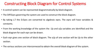 Constructing Block Diagram for Control Systems
• A control system can be represented diagrammatically by block diagram.
• The Diff.Eqns governing the system are used to construct the block diagram.
• By taking L.T the D.Eqns are converted to algebraic eqns. The eqns will have variables &
constants.
• From the working knowledge of the system the i/p and o/p variables are identified and the
block diagram for each eqn can be drawn.
• Each eqn gives one section of block diagram. The o/p of one section will be i/p to the other
section.
• The various sections are interconneced to obtain the overall block diagram of the system.
 