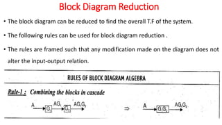 Block Diagram Reduction
• The block diagram can be reduced to find the overall T.F of the system.
• The following rules can be used for block diagram reduction .
• The rules are framed such that any modification made on the diagram does not
alter the input-output relation.
 