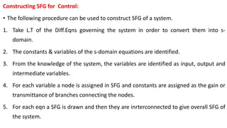 Constructing SFG for Control:
• The following procedure can be used to construct SFG of a system.
1. Take L.T of the Diff.Eqns governing the system in order to convert them into s-
domain.
2. The constants & variables of the s-domain equations are identified.
3. From the knowledge of the system, the variables are identified as input, output and
intermediate variables.
4. For each variable a node is assigned in SFG and constants are assigned as the gain or
transmittance of branches connecting the nodes.
5. For each eqn a SFG is drawn and then they are inrterconnected to give overall SFG of
the system.
 