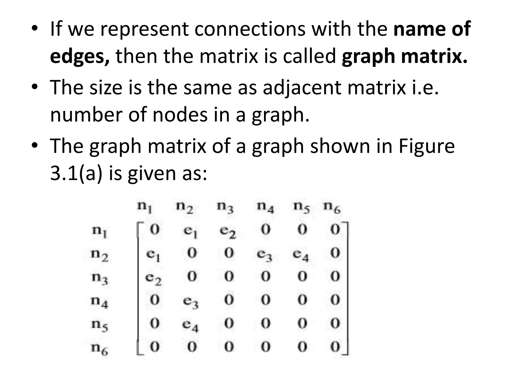 • If we represent connections with the name of
edges, then the matrix is called graph matrix.
• The size is the same as adjacent matrix i.e.
number of nodes in a graph.
• The graph matrix of a graph shown in Figure
3.1(a) is given as:
 
