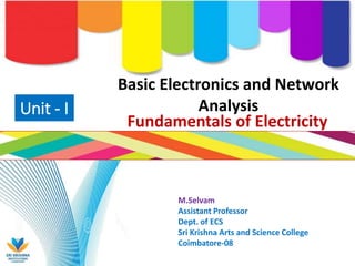 Unit - I
Fundamentals of Electricity
M.Selvam
Assistant Professor
Dept. of ECS
Sri Krishna Arts and Science College
Coimbatore-08
Basic Electronics and Network
Analysis
 