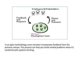 In an agile methodology, every iteration incorporates feedback from the
previous release. This process can help you tackle wicked problems when it’s
combined with systems thinking.
 