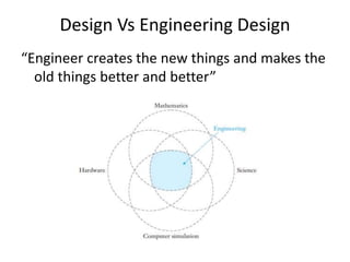 Design Vs Engineering Design
“Engineer creates the new things and makes the
old things better and better”
 