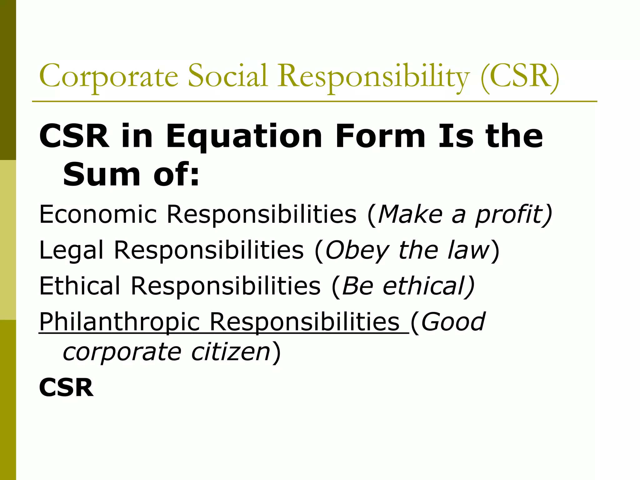 Corporate Social Responsibility (CSR)
CSR in Equation Form Is the
Sum of:
Economic Responsibilities (Make a profit)
Legal Responsibilities (Obey the law)
Ethical Responsibilities (Be ethical)
Philanthropic Responsibilities (Good
corporate citizen)
CSR
 