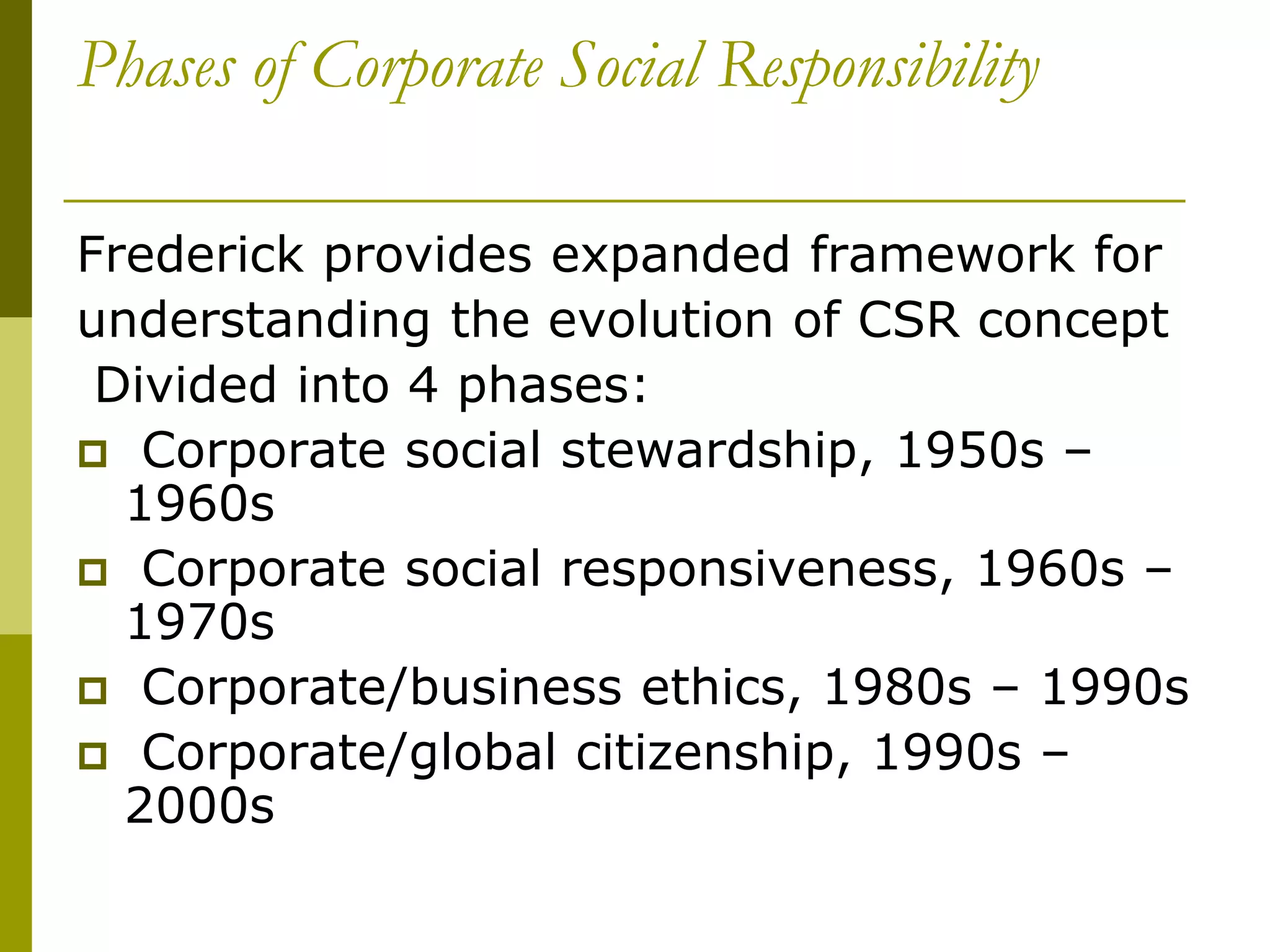 Phases of Corporate Social Responsibility
Frederick provides expanded framework for
understanding the evolution of CSR concept
Divided into 4 phases:
 Corporate social stewardship, 1950s –
1960s
 Corporate social responsiveness, 1960s –
1970s
 Corporate/business ethics, 1980s – 1990s
 Corporate/global citizenship, 1990s –
2000s
 