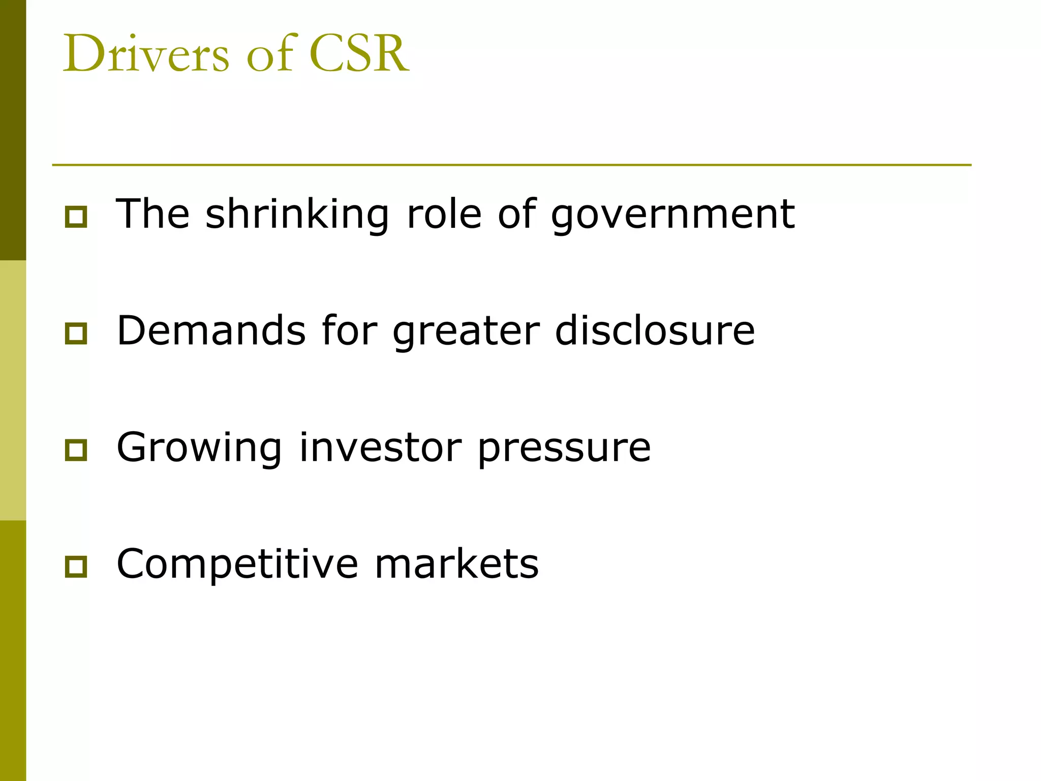 Drivers of CSR
 The shrinking role of government
 Demands for greater disclosure
 Growing investor pressure
 Competitive markets
 