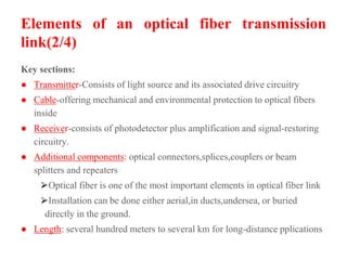 Elements of an optical fiber transmission
link(2/4)
Key sections:
● Transmitter-Consists of light source and its associated drive circuitry
● Cable-offering mechanical and environmental protection to optical fibers
inside
● Receiver-consists of photodetector plus amplification and signal-restoring
circuitry.
● Additional components: optical connectors,splices,couplers or beam
splitters and repeaters
⮚Optical fiber is one of the most important elements in optical fiber link
⮚Installation can be done either aerial,in ducts,undersea, or buried
directly in the ground.
● Length: several hundred meters to several km for long-distance pplications
 