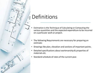 Estimation Costing and Valuation Unit 1 | PPTX