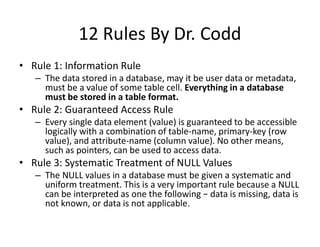 12 Rules By Dr. Codd
• Rule 1: Information Rule
– The data stored in a database, may it be user data or metadata,
must be a value of some table cell. Everything in a database
must be stored in a table format.
• Rule 2: Guaranteed Access Rule
– Every single data element (value) is guaranteed to be accessible
logically with a combination of table-name, primary-key (row
value), and attribute-name (column value). No other means,
such as pointers, can be used to access data.
• Rule 3: Systematic Treatment of NULL Values
– The NULL values in a database must be given a systematic and
uniform treatment. This is a very important rule because a NULL
can be interpreted as one the following − data is missing, data is
not known, or data is not applicable.
 