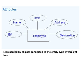Represented by ellipses connected to the entity type by straight
lines
 