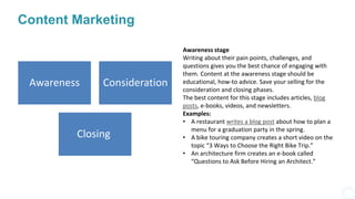 Content Marketing
Awareness Consideration
Closing
Awareness stage
Writing about their pain points, challenges, and
questions gives you the best chance of engaging with
them. Content at the awareness stage should be
educational, how-to advice. Save your selling for the
consideration and closing phases.
The best content for this stage includes articles, blog
posts, e-books, videos, and newsletters.
Examples:
• A restaurant writes a blog post about how to plan a
menu for a graduation party in the spring.
• A bike touring company creates a short video on the
topic “3 Ways to Choose the Right Bike Trip.”
• An architecture firm creates an e-book called
“Questions to Ask Before Hiring an Architect.”
 