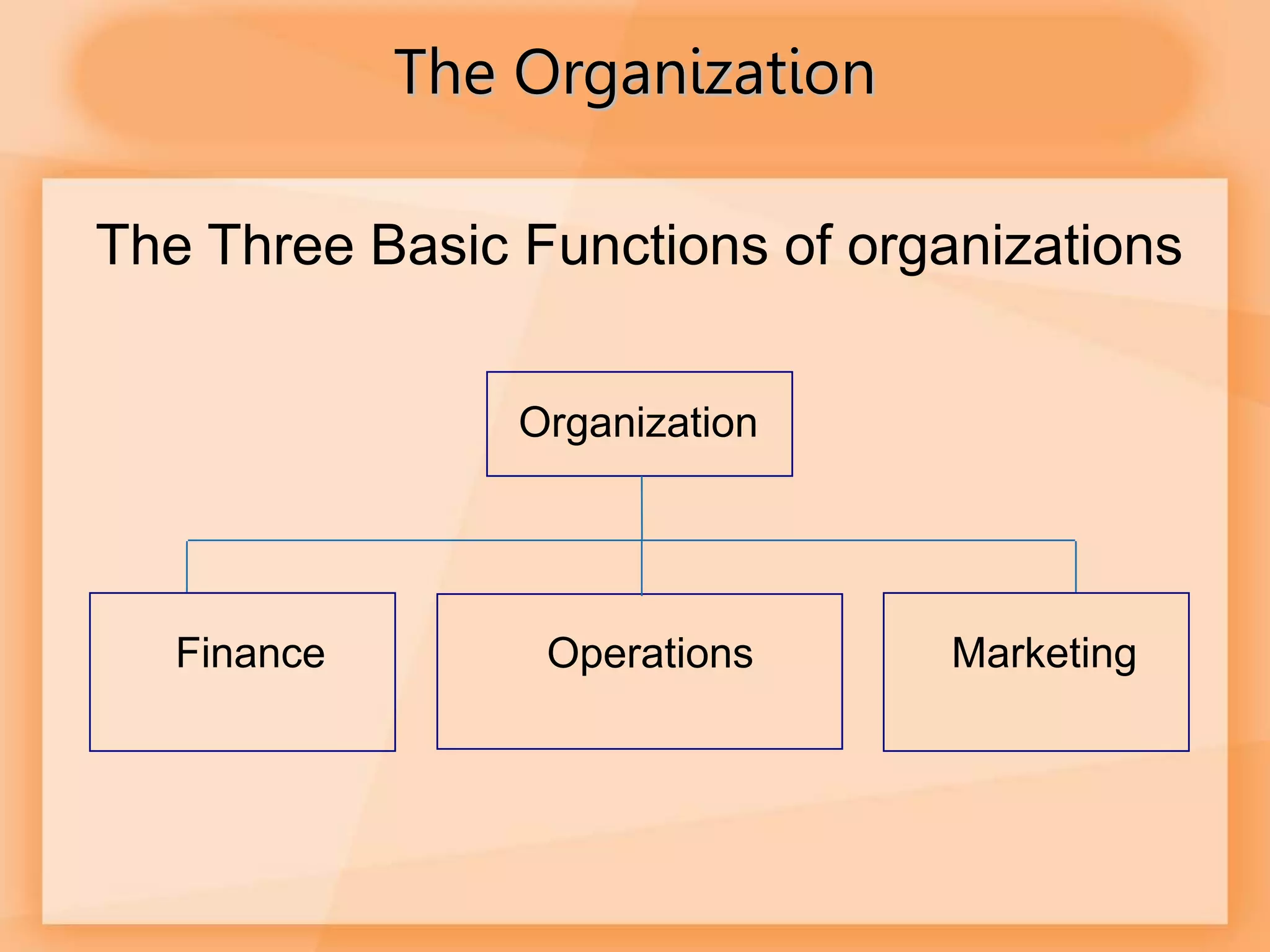 The Organization
The Three Basic Functions of organizations
Organization
Finance Operations Marketing
 