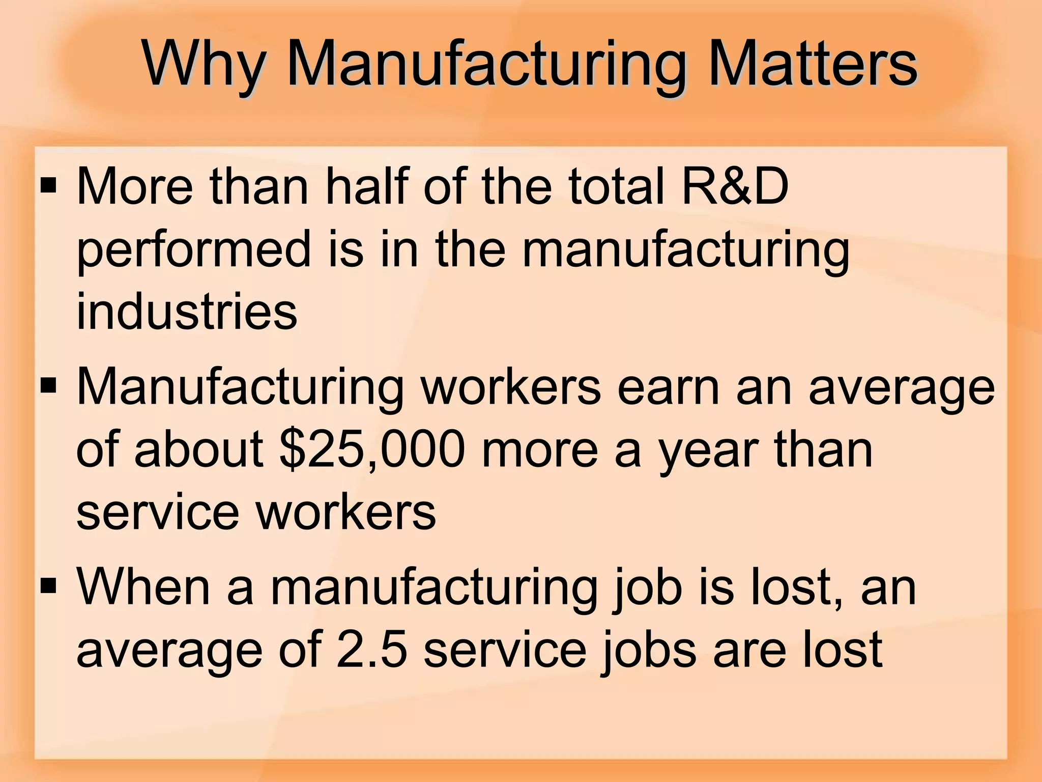 Why Manufacturing Matters
 More than half of the total R&D
performed is in the manufacturing
industries
 Manufacturing workers earn an average
of about $25,000 more a year than
service workers
 When a manufacturing job is lost, an
average of 2.5 service jobs are lost
 