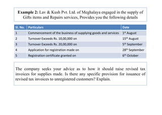 Example 2: Lav & Kush Pvt. Ltd. of Meghalaya engaged in the supply of
Gifts items and Repairs services, Provides you the following details
Sl. No. Particulars Date
1 Commencement of the business of supplying goods and services 1st August
2 Turnover Exceeds Rs. 10,00,000 on 15th August
3 Turnover Exceeds Rs. 20,00,000 on 5th September
4 Application for registration made on 28th September
5 Registration certificate granted on 6th October
5 Registration certificate granted on 6 October
The company seeks your advice as to how it should raise revised tax
invoices for supplies made. Is there any specific provision for issuance of
revised tax invoices to unregistered customers? Explain.
 
