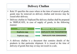 Delivery Challan
• Rule 55 specifies the cases where at the time of removal of goods,
goods may be removed on delivery challan and invoice may be
issued after delivery.
• Delivery challan in TriplicateThe delivery challan shall be prepared
in TRIPLICATE, in case of supply of goods, in the following
manner:
• A delivery challan is a document that contains details of the
products in that particular shipment. It is issued at the time of
delivery of goods that may or may not result in a sale.
 