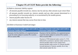 Chapter IX of CGST Rules provide the following:
(I) Debit to electronic liability register:
• all amounts payable towards tax, interest, late fee and any other amount as per return filed;
• all amounts payable towards tax, interest, penalty and any other amount determined in a
proceeding by an Assessing authority or as ascertained by the taxable person;
• interest payable under Section 50.
• any interest amount that may accrue from time to time.
(II) Debit to Electronic Credit/Cash ledger:
Debit to Electronic Credit Ledger and Credit to
Electronic Liability Register
Debit to Electronic Cash Ledger and Credit to
Electronic Liability Register
Payment of all the liabilities of a registered person
as per his return subject to section 49 or section
49A or section 49B.
Payment of all the liabilities of a registered person
as per his return subject to section 49 or section
49A or section 49B.
Payment of TDS deducted under section 51, TCS
deducted by ecommerce operator under section 52,
amount payable under reverse charge basis,
amount payable under section 10, amount payable
towards payment of interest, penalty, fee or any
other amount under the Act.
 